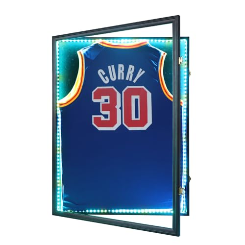 Image of Jersey Frame Display Case with LED , Sports Jersey Frame Lockable Shadow Box with UV Protection Acrylic and Metal Hanger for Baseball Basketball Football Shirt, Black