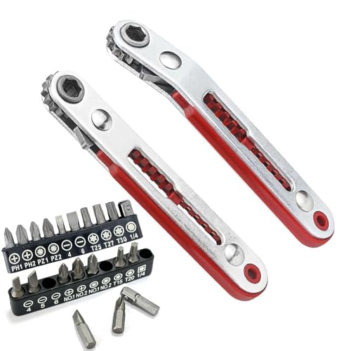 Cliquet Tournevis 1/4 Mini Magnétique - Tête Plate et Coude, Décalé Réversible Avec 20 Embouts - Outil de Réparation Multifonctions de Poche