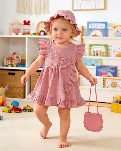 SODLON Toddler Girl Dress 12-18 Months Infant Baby Girl Summer Clothes Outfits Pink Ruffle Sleeveless Bow Dresses Cross Front Ruffle Hem Dress Birthday Gifts Beach Vacation Sundress with Hat - Thumbnail 4