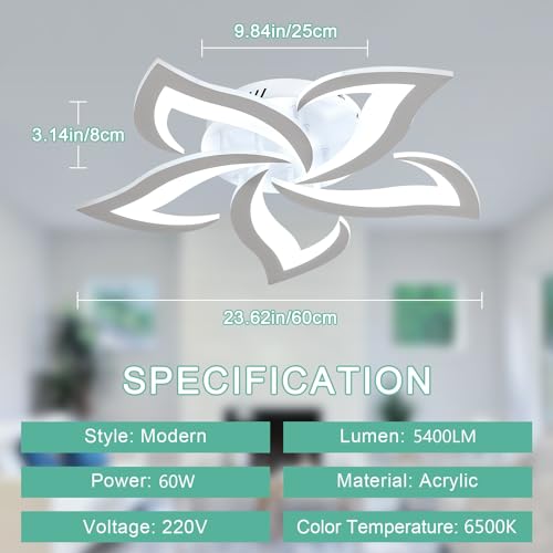 LED Ceiling Light, 60W 5400LM Modern Design Ceiling Lighting, 5 Lights Living Room Ceiling Light Acrylic White Flower Fittings Ceilings for Bedroom, Kitchen, Dining Room 6500K Cool White - Image 3