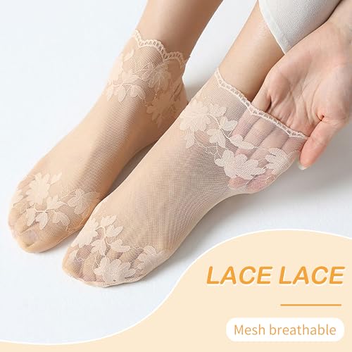 Image of SooGree 3Pairs Lace Socks No Show Frilly Ankle Socks Knit Cotton Socks Non Slip Low Cut Socks for Women Lace Floor Socks