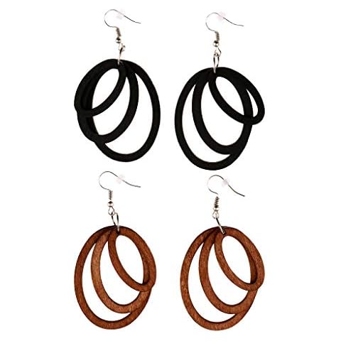 harayaa 2 Pairs Oval Triple Circle Drop Wood Ethnic Earring Lady Women Cover