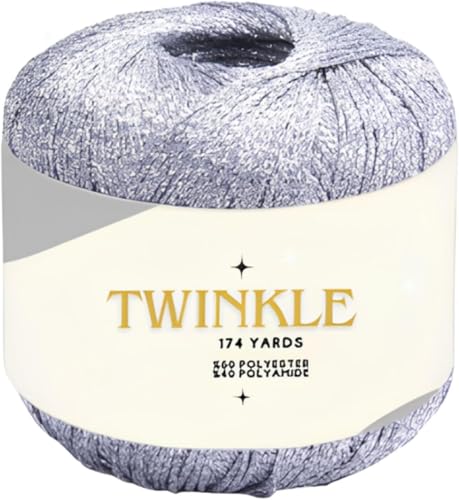 Image of Pack 1 Twinkle Metallic Glitter Yarn Sparkle Fine 1 Light Fingering Weight Worsted Gold Silver for Crochet Knitting, 25g 0.88oz, 175yard Soft Craft Shawls Bags Lurex (Silver Shimmer, Pack 1)