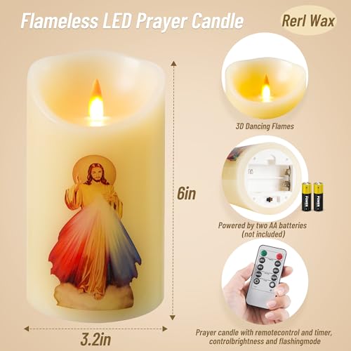 Image of QQFCTOO LED Prayer Flameless Candle with Remote Timer, Battery Powered Candle, Religious Candle, Real Wax, for Home Altar, Church, Devotional,6 inch x 3.2 inch(Jesus