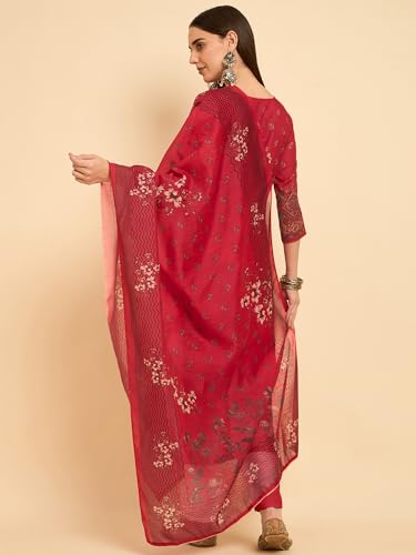 Image of SheWill Kurta Sets for Women - Red Rayon Aari Hand Work with Digital Floral Print Kurta with Pant and Chanderi Dupatta |Stylish Printed Summer Kurti Set