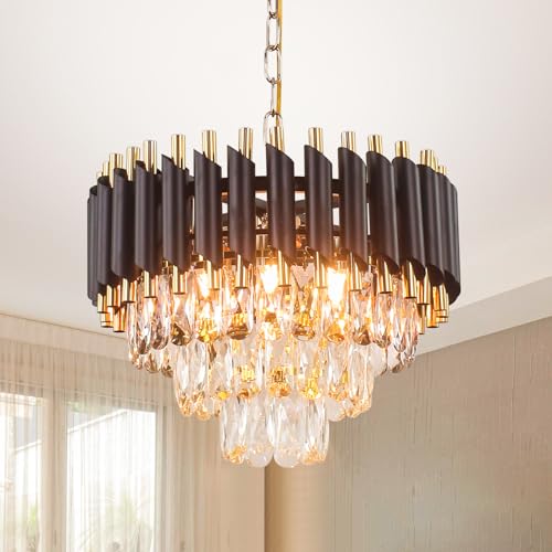 FRIXCHUR Modern Crystal Chandeliers 15.7 Black and Gold Chandelier Crystal Pendant Light Chandelier 3-Tier Crystal Flush Mount Ceiling Light Chandeliers for Bedroom Living Room E14*5 Bulb…