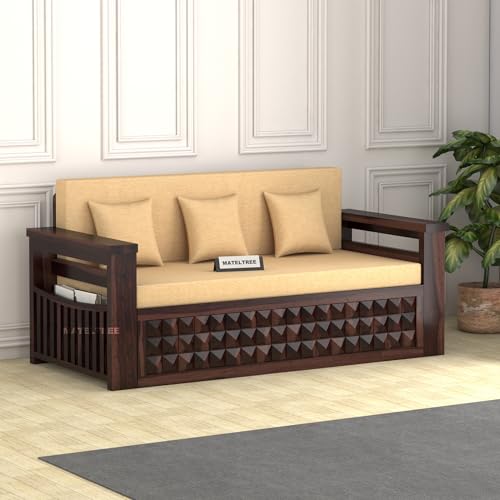 Image of Sheesham Wooden Sofa Cum Bed for Living Room with Side Pocket Storage - 3 Seater Sofa Cum Bed with Storage - 3 Person Sofa Cum Bed Wooden with Premium Cushion Seating (Walnut F)
