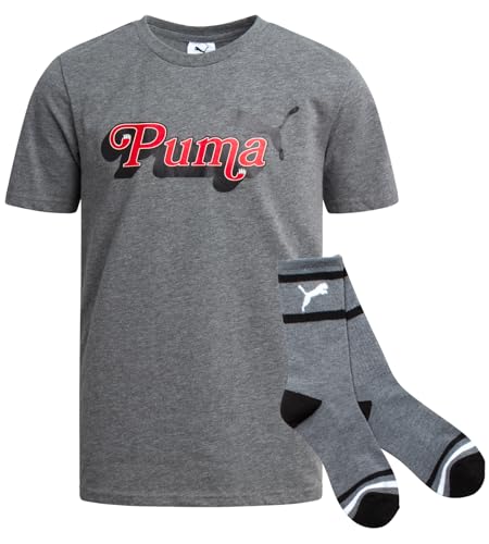 Image of PUMA Boys 2 Piece Graphic Tee Shirt & Matching Socks Set (Sizes S-XL) | Soft Cotton Blend, Short Sleeve Crewneck, Casual Athletic Style, Comfortable Everyday Kids Wear, Fun Coordinated Look