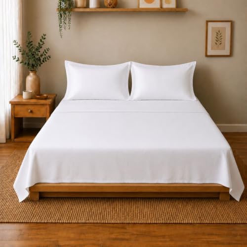 Image of Linen Home Cotton Percale Flat Bedsheet Set Queen Size White