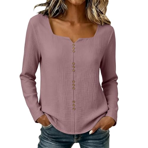 Long Sleeve Shirts for Women Cotton Button Tops Henley Slim Blouses — view 6