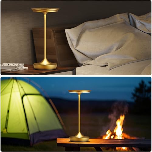 Image of LED Rechargeable Cordless Outdoor 6000mAh Battery Table Lamp 2-Pack Gold | Portable Waterproof 3 Color Stepless Dimmable Lights Memory Function for Patio Restaurant Bar Dining Room