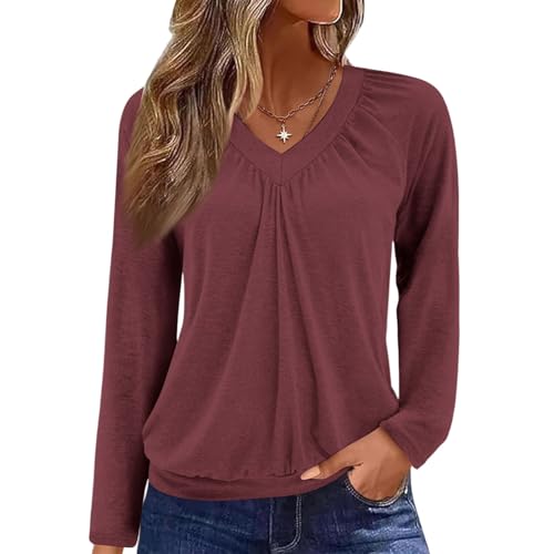 Kleidung Damen Damen Langarmshirt V-Ausschnitt Pullover Tops Lässig Einfarbig Oberteile Elegant Casual Herbst Mode M Vermilion