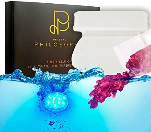 Beautys Philosophy Luxury Home Spa Kit: GIFT SET Premium Bath Pillow, Rose Petals, Waterproof LED Light, Gift Box I Wellbeing I Mindfulness I Relaxation I Self Care Gift I Pamper