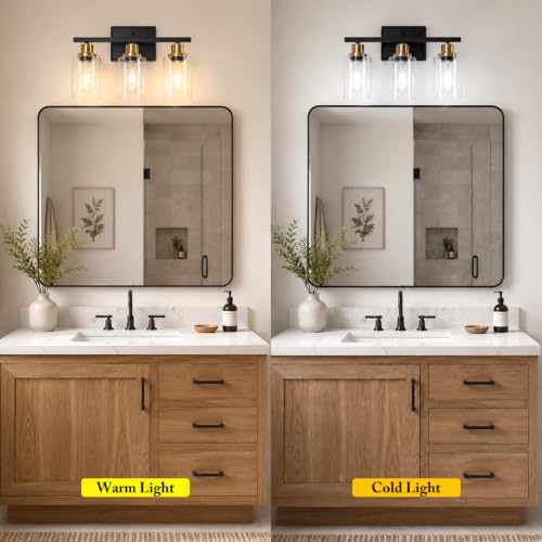 Image of Ascher Bathroom Vanity Light Fixtures, 3 Light Wall Sconces Lighting with Clear Glass Shade, Black and Gold Wall Lights for Mirror, Kitchen, Living Room, Hallway, E26 Base (Bulbs Not Included)