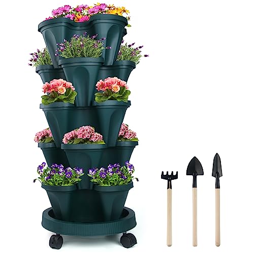 DUNCHATY Stackable Vertical Garden Planter with Wheels, 5 Tier Herb Planter Pots for Growing Vegetables and Succulents, Pine Green