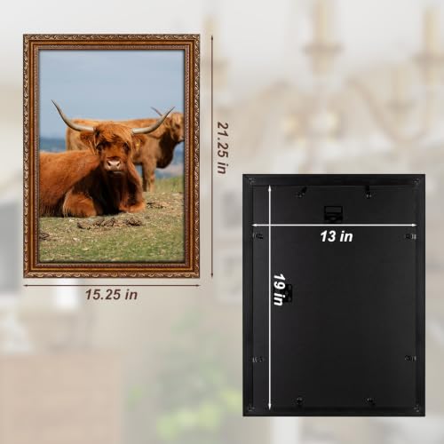 Image of 13x19 Picture Frame Gold Wood Vintage Picture Frame Ornate | Real Glass, Easy Photo Changes, Wall Hanging
