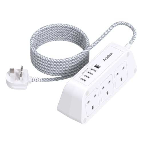 Addtam - Extension Lead with USB Slots，6 Way Outlets 5 USB(5A, 1 USB- C and 4 USB-A Port) with 1.6M Braided Extension cord, 3250W Overload Protection，Security Surge Protection Plug Extension Socket - -31%
