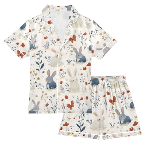 ALAZA Bunny Rabbit Flower Blossom Leaf Satin Pajamas Set Short Sleeve Button Down Sleepwear Summer Pjs 2 Piece