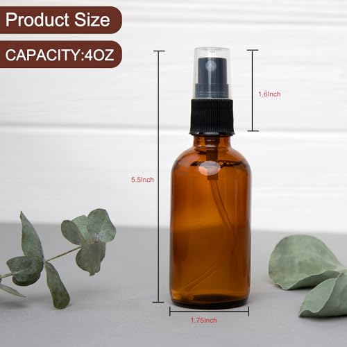 4 oz Amber Glass Spray Bottles - Small Empty Fine Mist Spray Bottle for Essential Oil,Face - Mini Dark Spray Bottles with,Included 4 Sprinkler, 1Funnels,1 Droppers, 4 Labels3