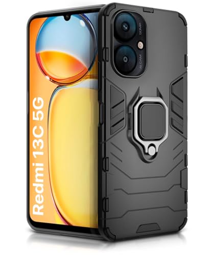 Image of WOW IMAGINE Shock Proof Back Case Mobile Cover for Xiaomi Redmi 13C 5G | Poco M6 5G | Bumper Case (Tough Armor | Hybrid PC + TPU | Full Protection with Ring Holder & in-Built Kickstand | Black)