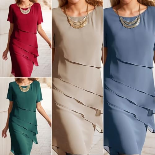 Women's Chiffon Mother of The Bride Dresses Elegant Short Sleeve Crewneck Tiered Dress Party Wedding Cocktail Outfits3
