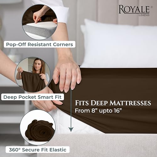 Image of Royale Linens 400 Thread Count Full Fitted Sheet Only - 100% Cotton Bottom Sheets - Luxury Sateen Weave - All Around Elastic Deep Pocket Fitted Sheet - Durable & Soft - Fit Up to 16 inch (Egyptian Camel)