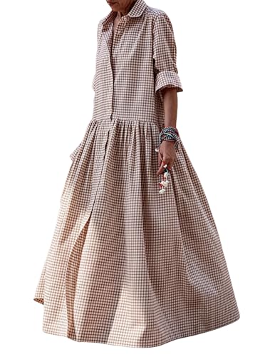 Image of chouyatou Women's Retro Plaid Button Down Maxi Shirt Dress Long Sleeve Button Up Gingham Swing Long Dress