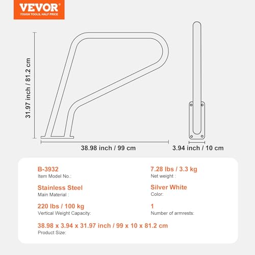 Image of VEVOR Pool Handrail, 39 x 32 inch Pool Railing, Stainless Steel with Base Plate for Indoor /Outdoor Pools,Swimming Pool Safety Railing for Decks,Rust-Proof Grab Bar w /Grip Cover&Accessories for Spas