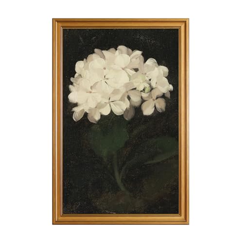 Image of HUARCEY Gold Framed Vintage Wall Art for Living Room, Flowers Painting Canvas Prints Shelf Decor for Kitchen, Aesthetic Bedroom Wall Art, Christmas Gifts for Friends Family (White Hydrangea 16 inchx24 inch)