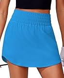 PINSPARK Womens Golf Skort Pleated Tennis Skirt Elastic High Waisted Pickleball Skirts Lightweight Solid Athletic Skirt with Inner Shorts Pockets, Sparkle Blue Medium