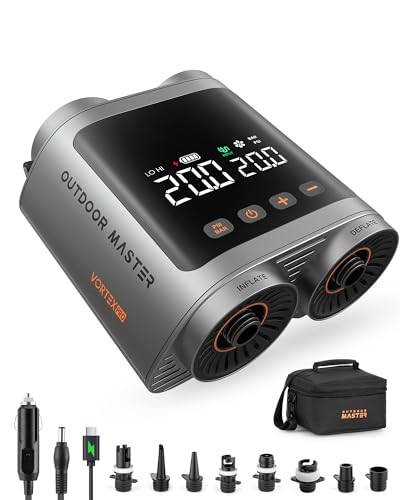 OutdoorMaster Vortex Pro 57.7Wh Aufladbare Elektrische SUP Pumpe Tragbar, Luftpumpe SUP Pumpe mit Akku für 3 SUPs Aufblasen & Entleeren, Max 20 PSI 12V/15.8V DC & Typ-C, 8 Düsen für Aufblasartikel