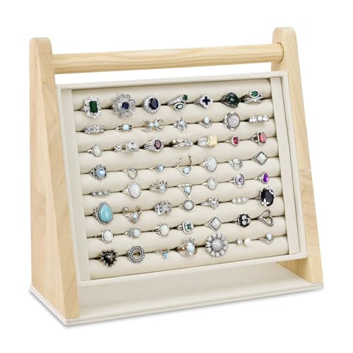 MOOCA Wooden 8-Slot Ring Rack Display Stand, Ring Holder Stand with Beige Suede, Jewelry Organizer for Store Showcase, Home Storage, Beige Color, 11.4W x 4.3D x 10.6H in