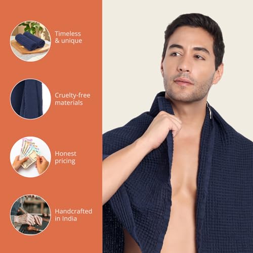 Image of HAMELIN The Ezra Waffle Hand Towel | Pure Cotton Lightweight Anti Microbial & Water Absorbent | Softer Touch Quick Drying Towels | Durable & Long Lasting | Blue | 70 cm x 43 cm | Pack of 1