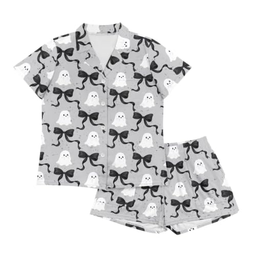 Image of Renewold Button Down Womens Pajama Set Short Sleeve Loungewear Bow Nightwear Sleepwear Night Suit Tops Shorts 2 Pieces