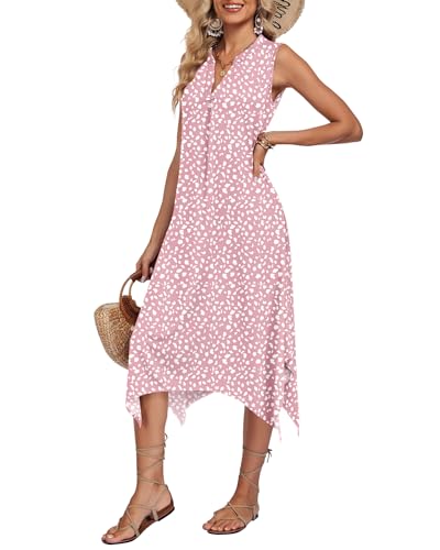Image of AUSELILY Women Summer Midi Dress, Sleeveless Casual Asymmetrical & Pockets | V-neck midi sundress, asymmetrical flowy hem & side pockets, great for beach, vacation and daily wear