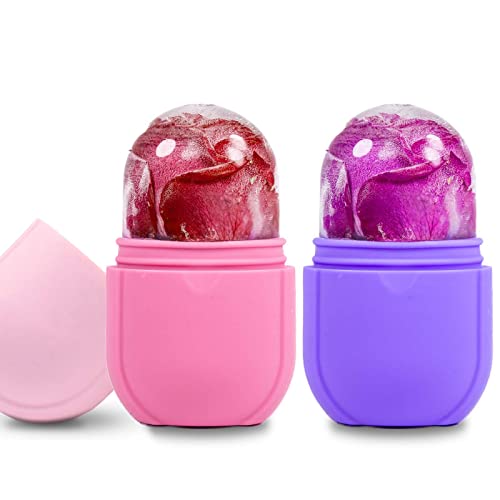 U-Shinein 2PCS Ice Face Roller, Reusable Cube Facial Roller, Eyes Neck Face Roller Tighten Skin De-Puff Eye Area, Cryotherapy Treatment Ice Silicone Mold, Face Beauty Roller (Purple Pink)