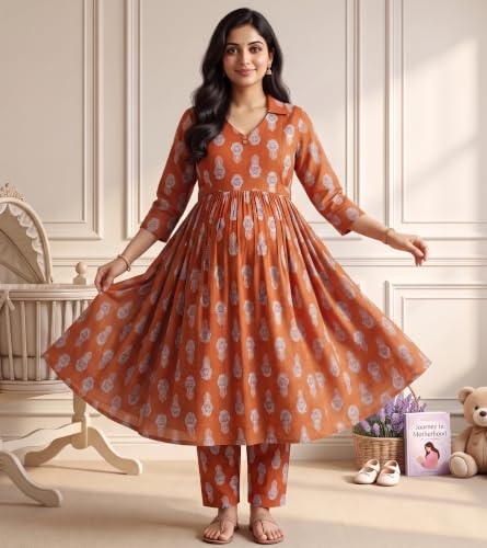 Image of DUMMY SHAPE Maternity Dresses for Women Cotton | Floral Kurta Pant Dupatta Set with Nursing Zippers, Side Pocket | Pre & Post Pregnancy | Feeding Kurti Suit | Baby Shower | Gifts for Pregnant Woman