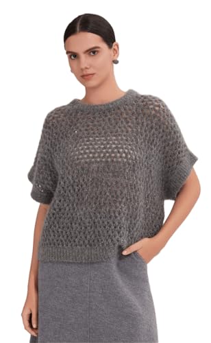 Plush Cashmere Mohair Sweaters for Women Oversized Short Sleeve Pullover Openwork Early Fall Luxury, BY4521312