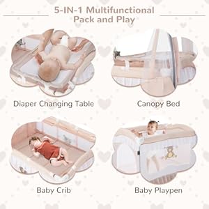 HONEY JOY 4 in 1 Pack and Play with Canopy Portable Baby Playard wChanging Table and Infant Bassinet Cute Toys Music Foldable Bassinet for Newborn and ToddlerLight Pink
