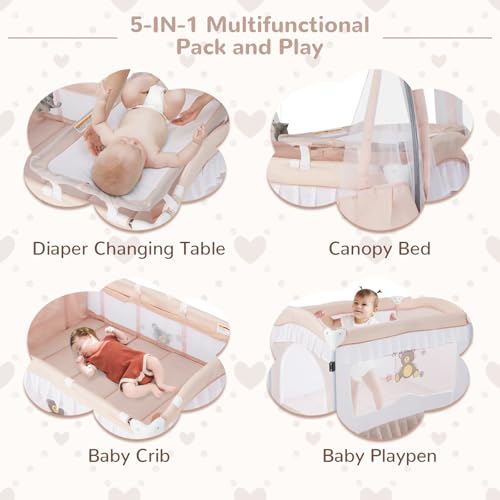 HONEY-JOY-4-in-1-Pack-and-Play-with-Canopy-Portable-Baby-Playard-wChanging-Table-and-Infant-Bassinet-Cute-Toys-Music-Foldable-Bassinet-for-Newborn-and-ToddlerLight-Pink HONEY JOY 4 in 1 Pack and Play with Canopy Portable Baby Playard wChanging Table and Infant Bassinet Cute Toys Music Foldable Bassinet for Newborn and ToddlerLight Pink