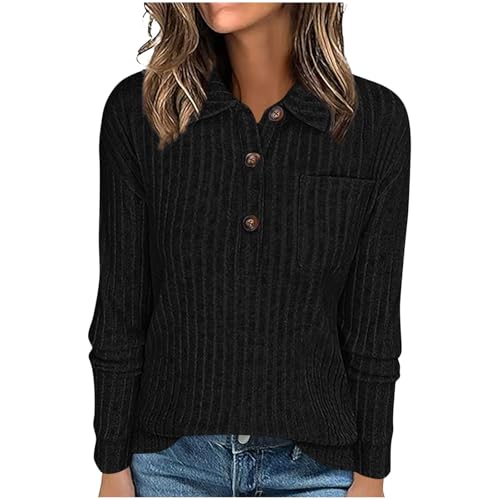 Women Long Sleeve Top Lapel Collar Chest Pocket Solid Color Henley Neck Tunic Fall Striped Casual Button Sweatshirt
