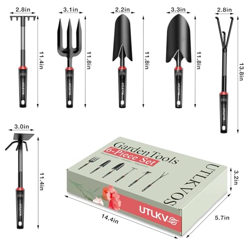 UTLKVOS Gardening Tools Set, 6 Pieces Heavy Duty Rust-Proof Gardening Tool Kit, Ergonomic Soft Rubber Handles, Includes Trowels, Rakes, Weeding Tool, and Hand Fork for Digging, Planting, Weeding - Image 3