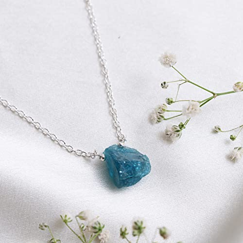 Gempires Raw Neon Apatite Pendant Necklace, Blue Apatite Crystal 10-20 Mm, Raw Crystal Jewelry, 18 Inches Silver Plated Adjustable Chain #TOP3
