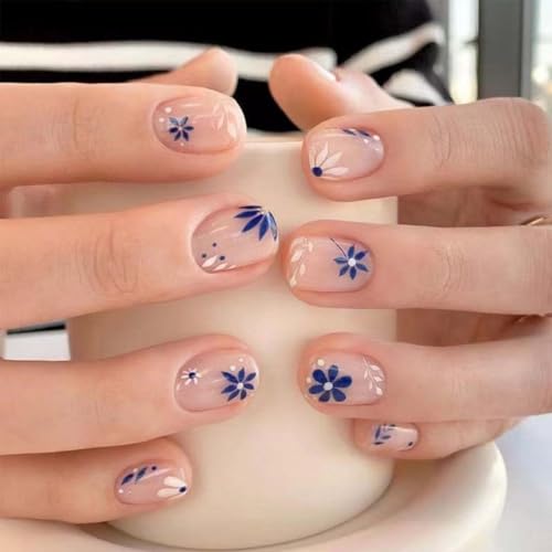 GlamRays 24 Piezas de uñas postizas cuadradas Cortas, uñas postizas Nude con diseño de Flores, uñas Adhesivas Completas