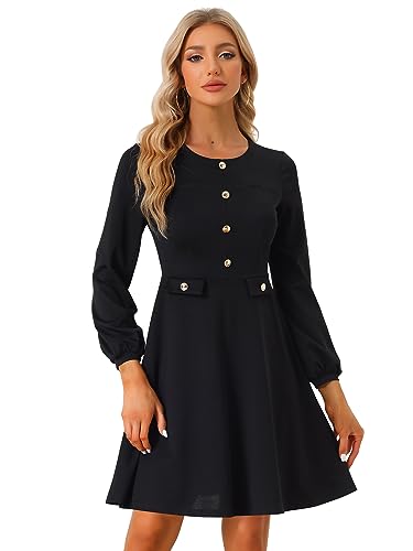 Allegra K Work Office Dress for Women's Button Decor A-Line Long Sleeve  Dress X-Small Black at Amazon Women's Clothing store