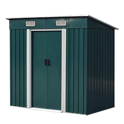 Garden Storage Shed Metal 6 x 4 FT Outdoor with Base Vents Lockable Sliding Doors Sloped Pent Roof for Patio Backyard Bike Tool All-Weather (Green)