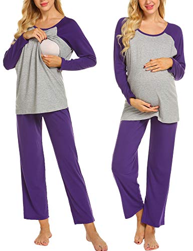 Image of Ekouaer Maternity Pajama Sets Breastfeeding Sleepwear Double Layer Top & Bottom Pregnancy Pjs Nursing Set