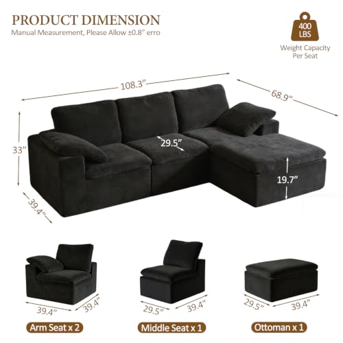 Image of ANONER 108 inch Sectional Cloud Couches for Living Room, Oversized Boneless Modular Sofa, Deep Seats Couch with Ottoman, Convertible, No Assembly, Comfy Chenille Cloud Sofa, Dark Grey