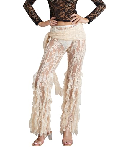 Women's Summer Lace Pants Irregular Ruffle Sheer Lace Floral Party Trousers