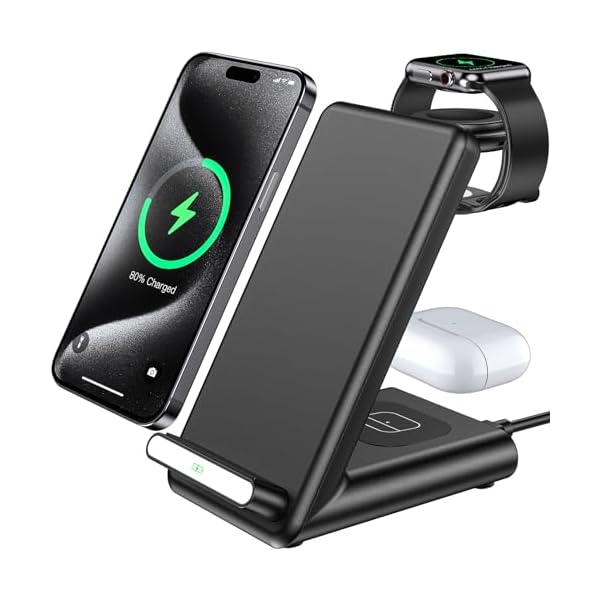 Wireless Charging Station,3 in 1 Wireless Charging Stand Made for Apple Watch Ultra 9 8 7 6 SE 5 4 3,Fast Wireless Charger Made for iPhone 15/Plus/Pro Max/14/13/12/11/X,for AirPods Pro(with Adapter)